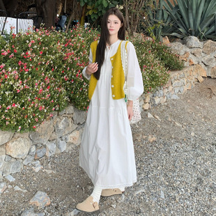 黄色马甲连衣裙套装女中长款春季新款超好看白色衬衫裙两件套