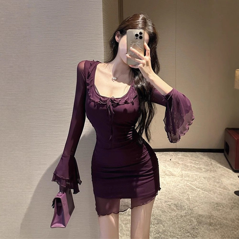 性感法式纯欲紫色网纱长袖连衣裙女初春装气质御姐风情万种包臀裙,女装/女士精品,连衣裙,淘宝优惠券,粉丝福利购,淘宝优惠卷