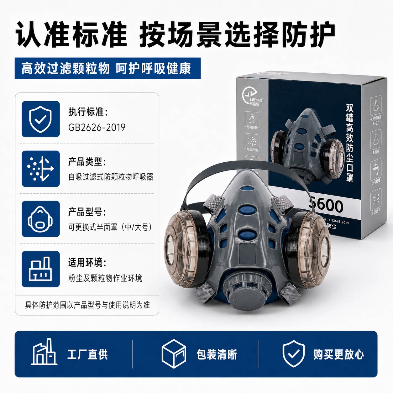 巴森顿5600双罐防尘口罩工业粉尘打磨装修木工劳保面罩配滤棉