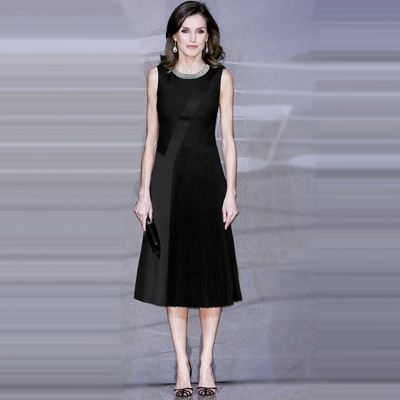 王妃同款中长裙黑色钉珠连衣裙新