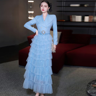 高端职业西装 新款 外套拼接网纱长裙气质连衣裙 2026年春季 欧货女装