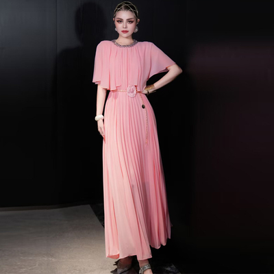 优雅气质百褶长裙大码宽松连衣裙