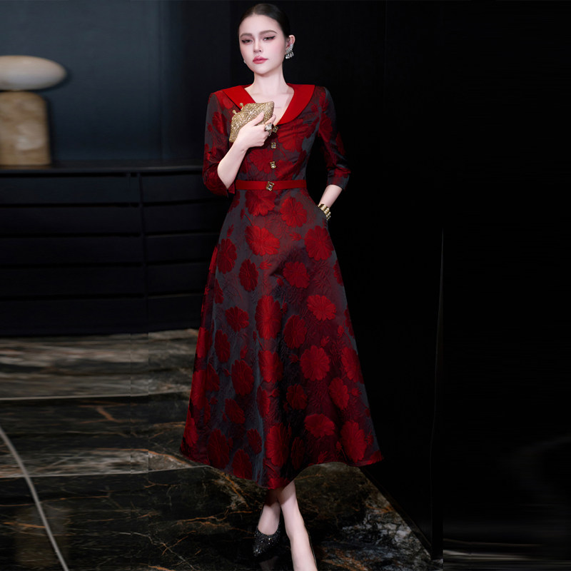 优雅高端宴会礼服长裙提花连衣裙