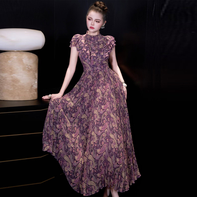 优雅气质收腰显瘦百褶长裙连衣裙