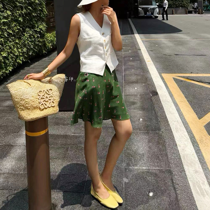 绿色碎花真丝半裙百搭蚕丝半身裙