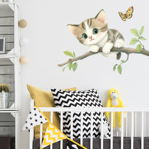 温馨卧室卡通树枝小猫咪墙贴创意儿童房客厅卧室墙自粘贴画可移除