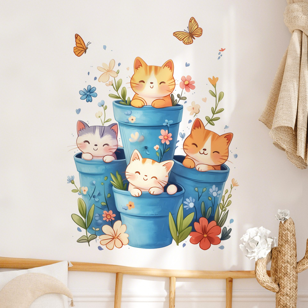 可爱猫咪盆栽墙贴布置客厅书房背景墙装饰贴纸改造出租屋卧室贴画