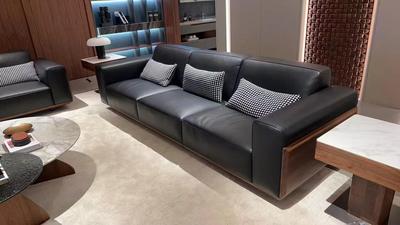 赖氏家具北美黑胡桃木大黑牛皮沙发专柜代购