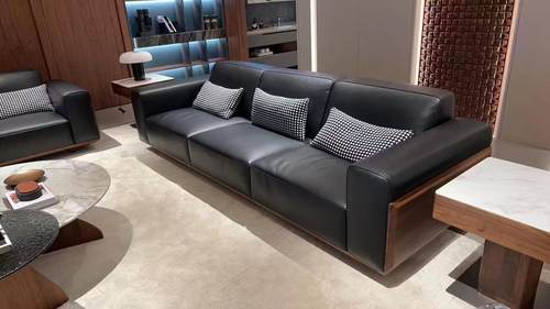 赖氏家具北美黑胡桃木大黑牛皮沙发专柜代购