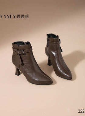 香香莉女鞋2025冬季新款加绒32235细跟中跟短靴女靴侧拉链时装靴