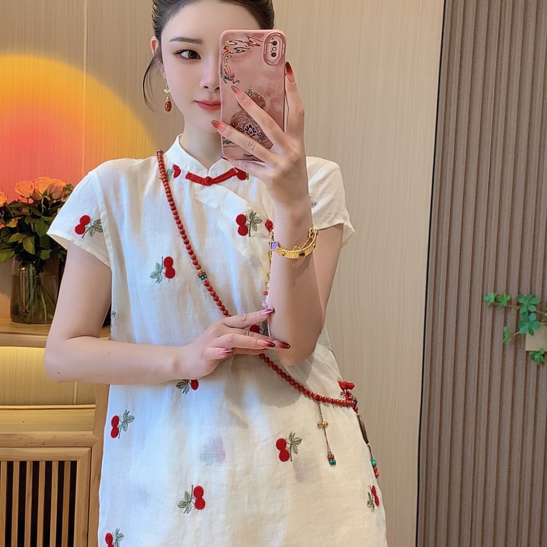【甜樱桃】新中式国风提花刺绣纯苎麻套装上衣裤子女