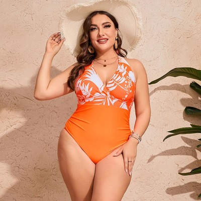 外贸新款跨境欧美大码树叶印花三角裤连体比基尼泳衣女V领一件式