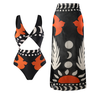 套装 新款 欧美波西米亚印花图案遮肚显瘦连体泳衣女三件套分体泳装