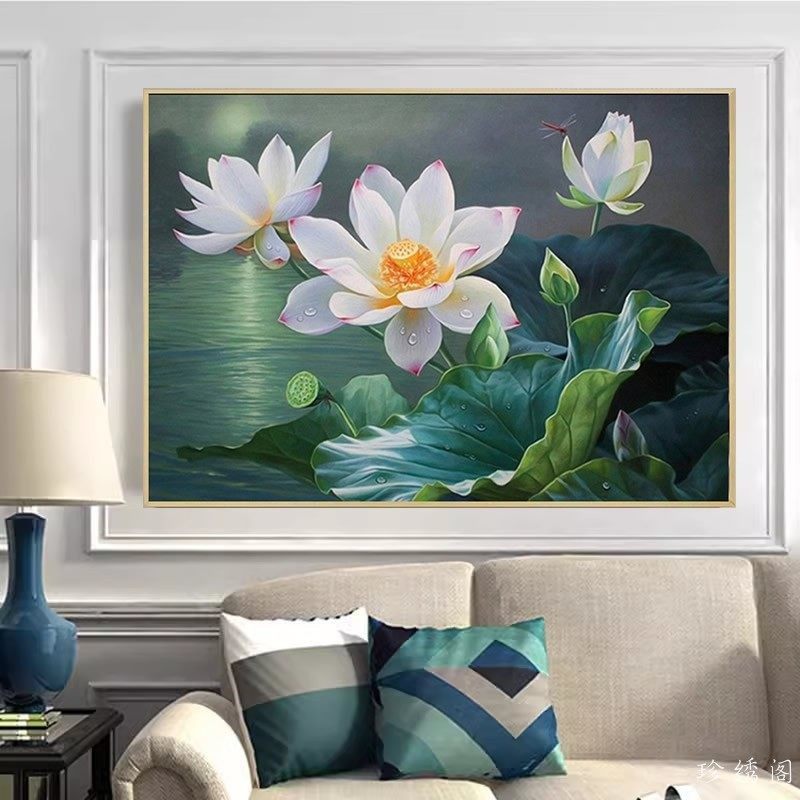 5d荷花图钻石画2026年新款满钻荷塘月色粘点贴钻十字绣餐厅砖石画,居家布艺,钻石绣,淘宝优惠券,粉丝福利购,淘宝优惠卷