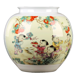 景德镇陶瓷器仿古粉彩童子石榴罐五子登科摆件插花家居装饰品花瓶