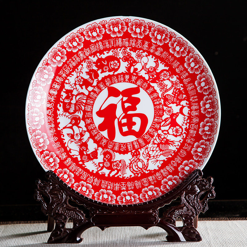 中国红剪纸坐盘家居酒柜陶瓷器图片