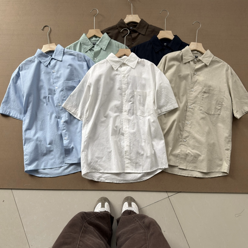 男女同款棉麻短袖衬衫老钱风纯色休闲简约翻领上衣482502