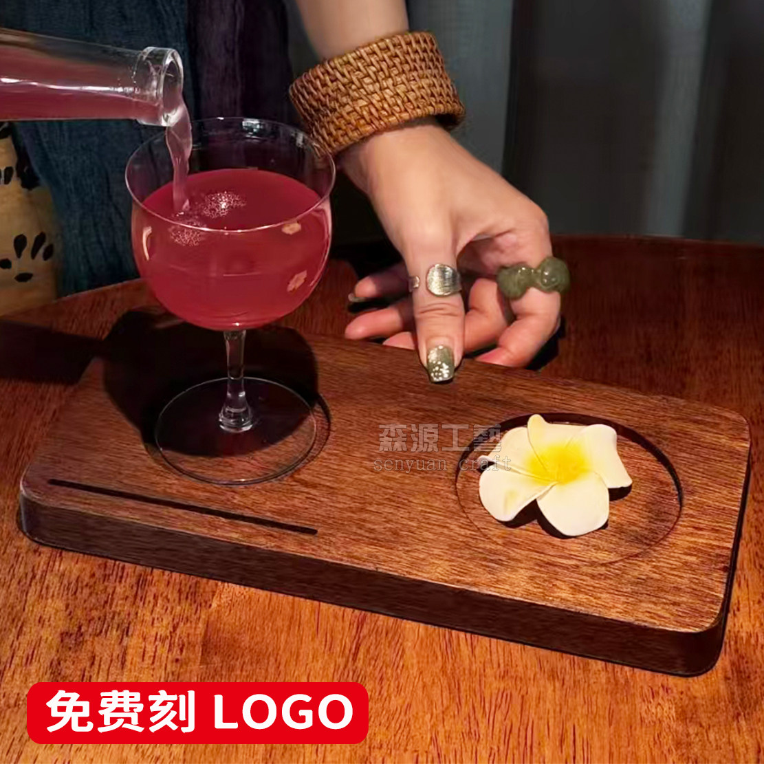 精品咖啡馆插卡combo一豆两喝杯垫手冲特调实木托盘胡桃木出餐盘图片