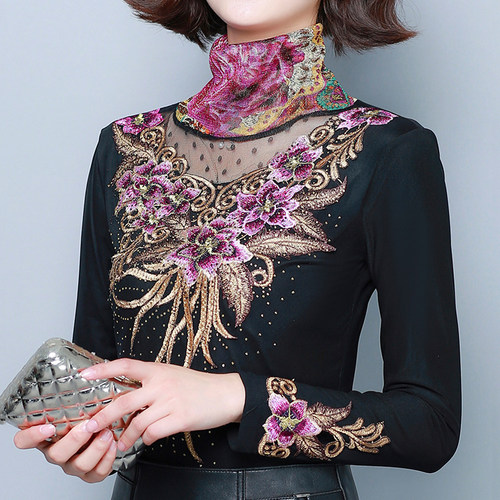 新款蕾丝剌绣中老年风高领打底衫