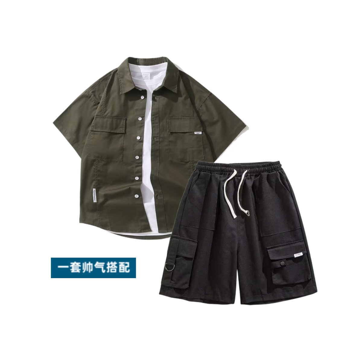 纯棉短袖衬衫男夏季休闲套装男装一套搭配帅气高级感工装衬衣外套