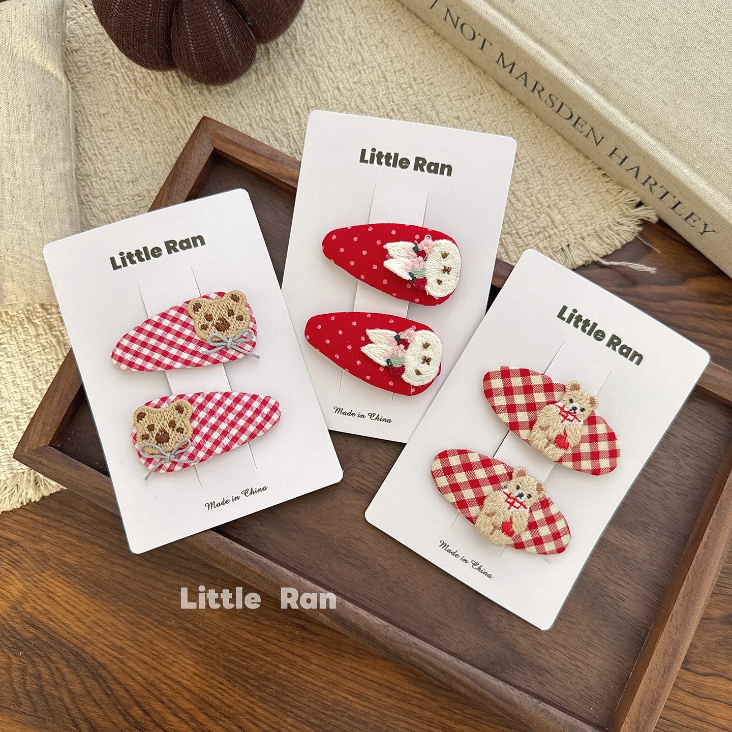 Little Ran新年发饰红色可爱卡通小熊发夹女童格纹发饰百搭头饰