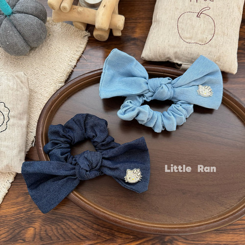 Little Ran 牛仔甜美可爱蓝色蝴蝶结发夹女童KT猫可爱儿童发饰