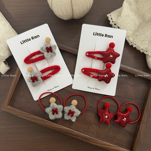 Ran红色毛绒卡通发夹女童甜美星星发圈儿童发饰 Little