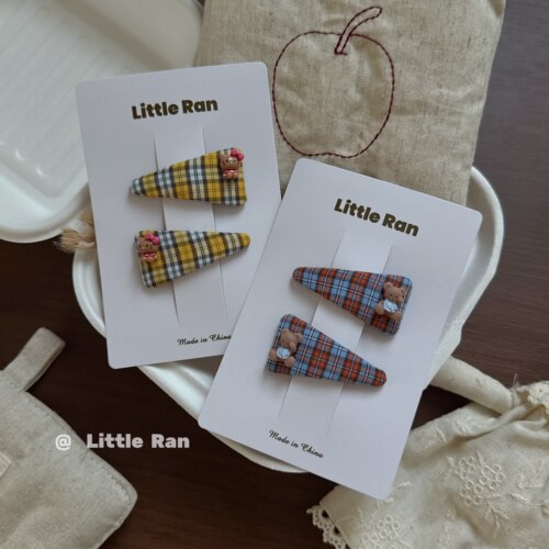 Little Ran不锈钢格子小熊发夹女童可爱蝴蝶结发饰儿童卡通发夹