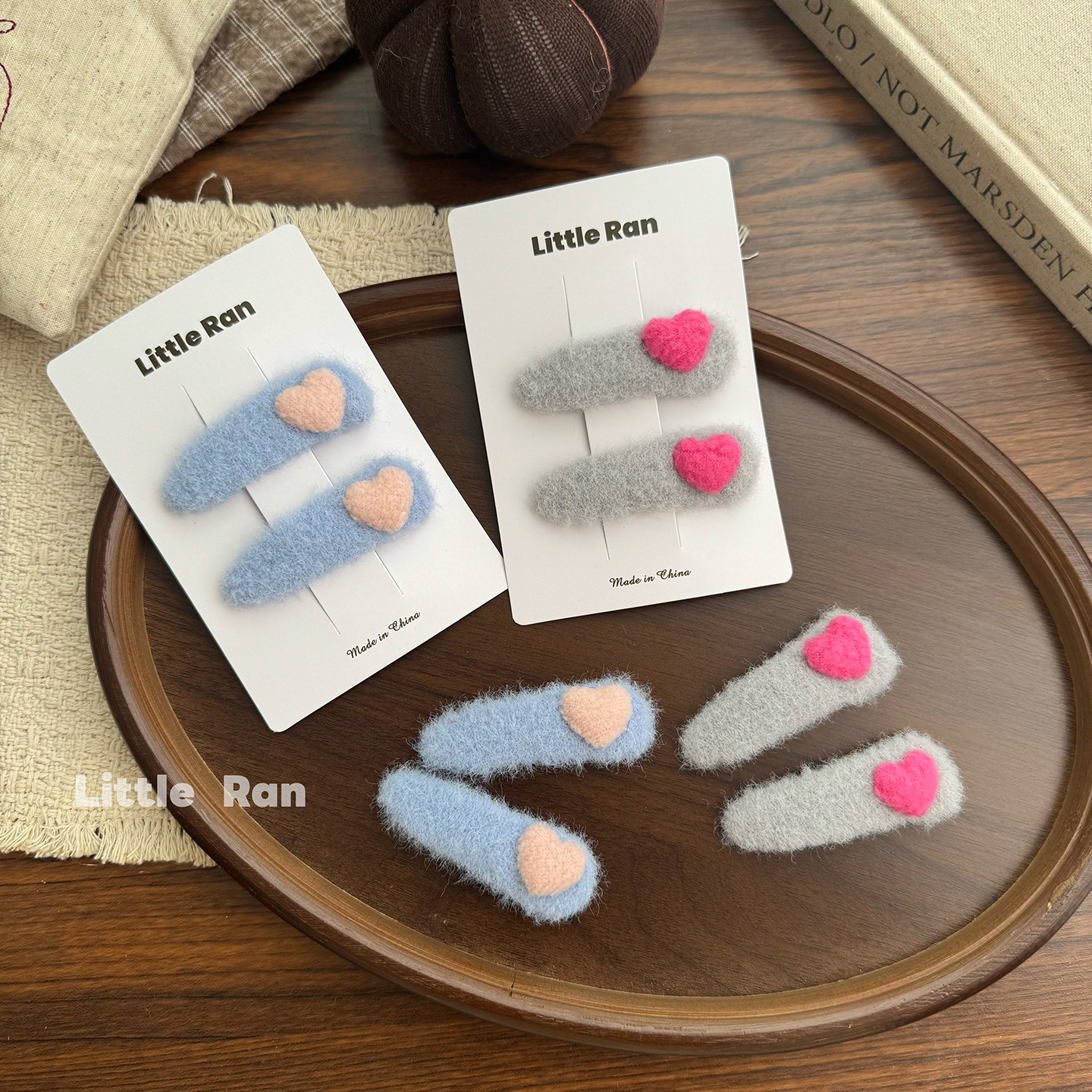 Little Ran韩国毛绒爱心BB夹女童发夹秋冬碎发刘海夹