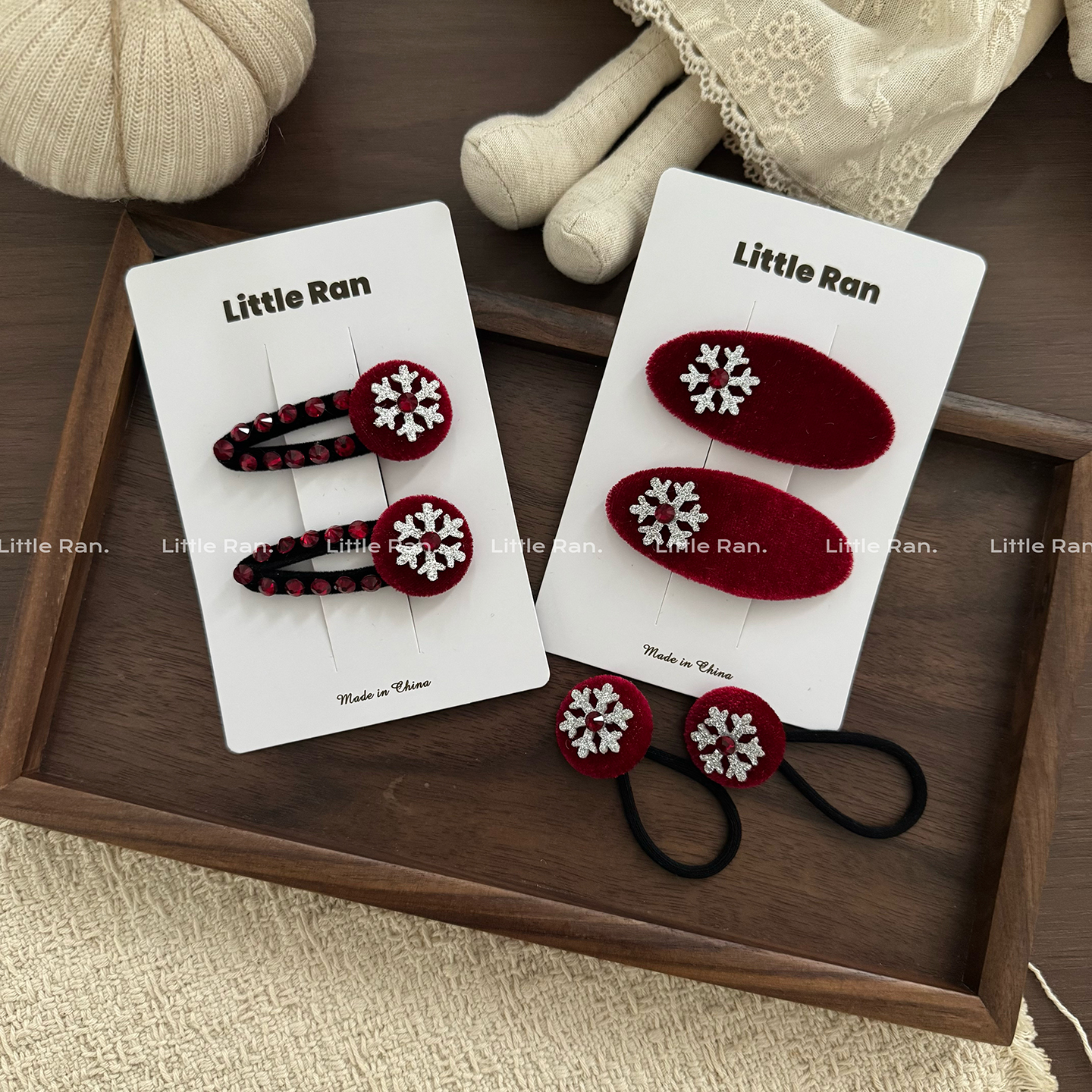 Little Ran 韩国ins风红色雪花发夹水钻发圈女高级感甜美发饰