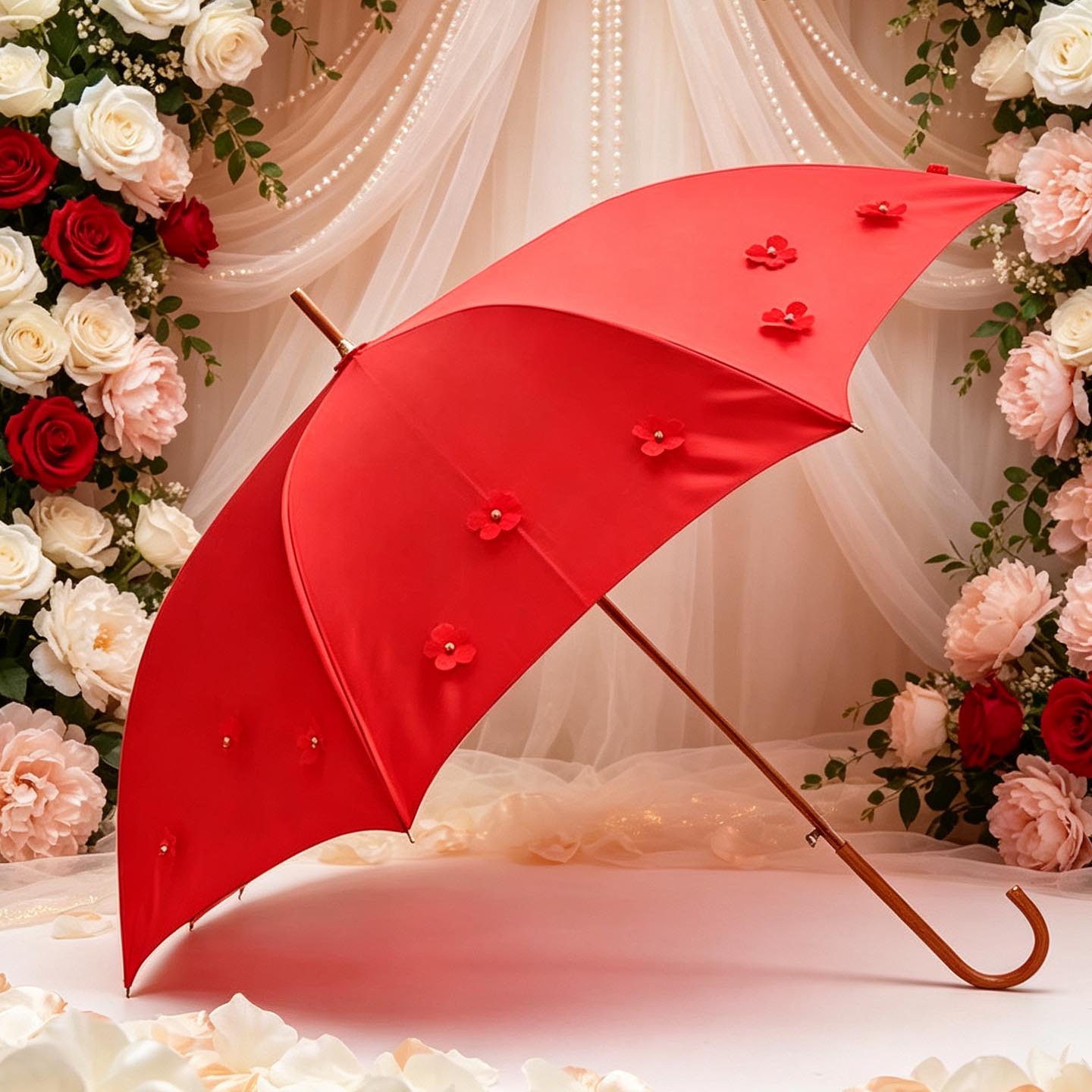 婚礼新娘红伞结婚用新中式风接亲伞长柄雨伞高档花朵红色钉珠婚伞