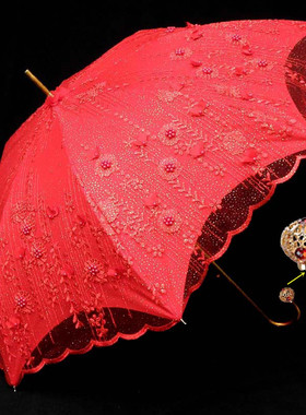 新品结婚红伞蕾丝刺绣长柄伞晴雨两用中式婚礼出嫁红色喜庆新娘伞