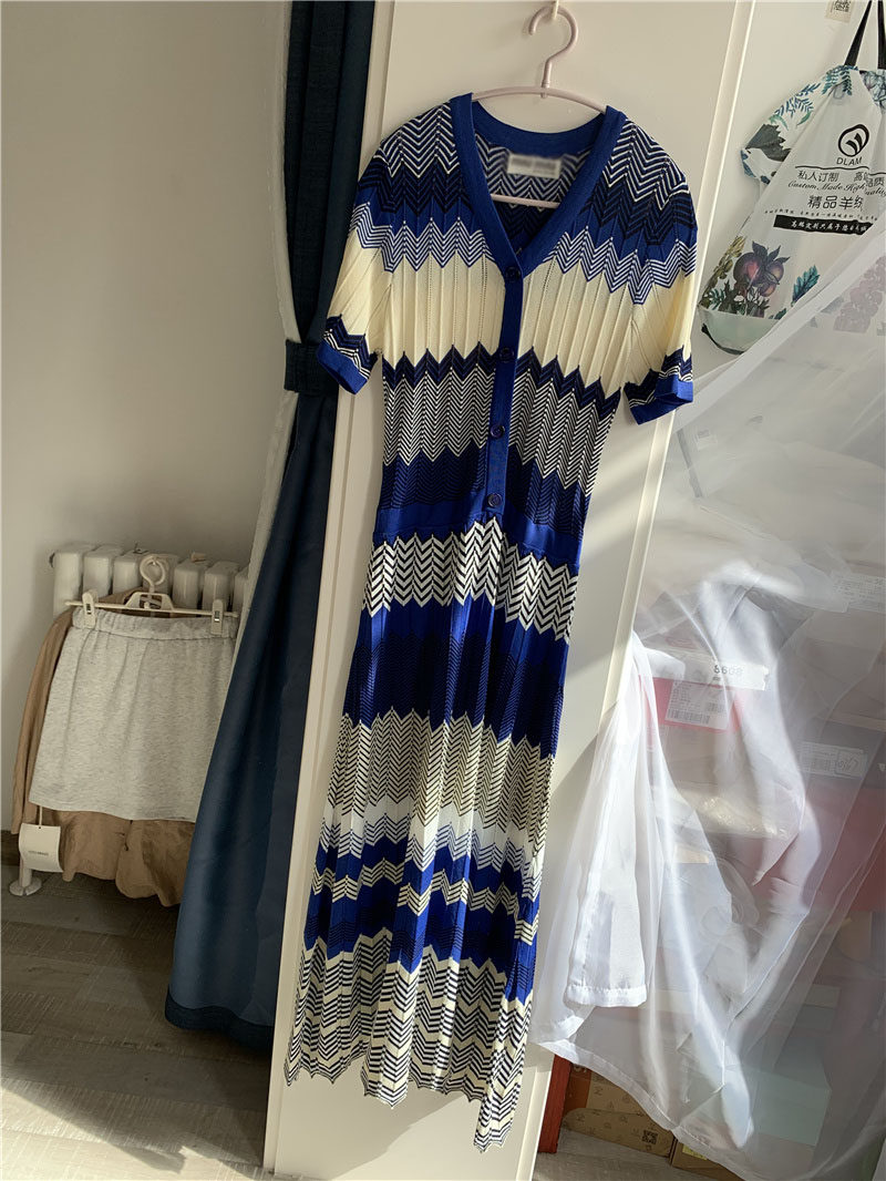 意大利真丝亚麻波浪纹克莱因蓝修身显瘦长裙连衣裙针织透气夏季新