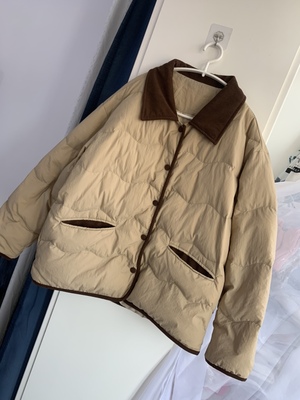 国标白鸭绒奶茶色拼色翻领小香风羽绒服宽松百搭气质款单排扣