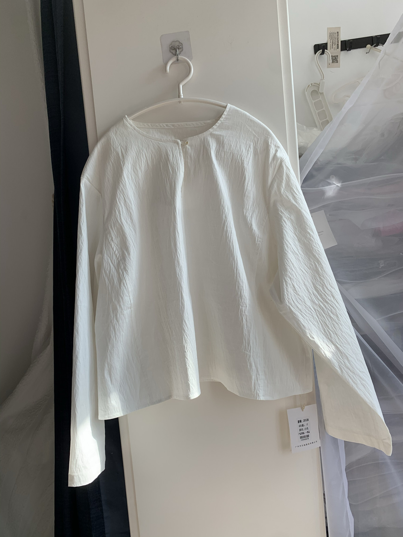 高品质纯棉宽松收腰白色长袖衬衫圆领百搭东大门上衣天然极简风