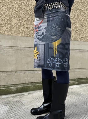 官方正品KAGA 地铁涂鸦朋克废土印花雪纺弹力半身裙