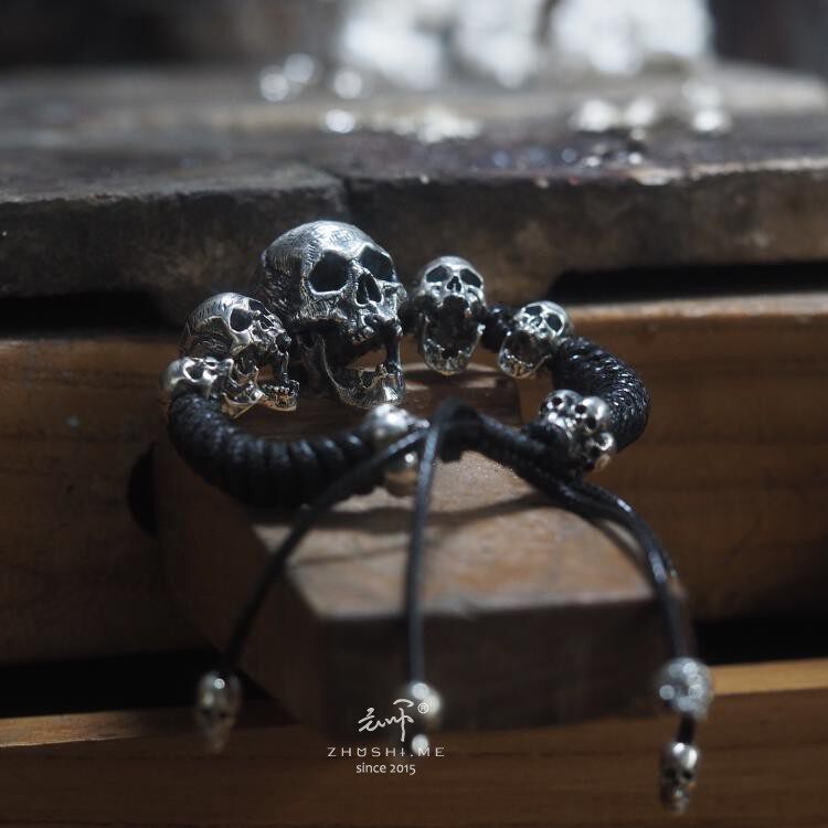 主师2023新款原创S925纯银手工制作写实骷髅头编织手链可订制