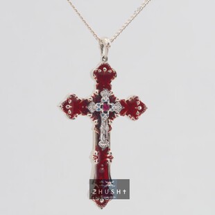 主师原创26款暗黑系纯银加红骷髅双叠加镶嵌纯手工s925十字架项链