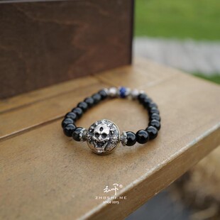 主师新款银饰全新手镯手造DIY 纯银骷髅手链 手串配黑曜石珠子