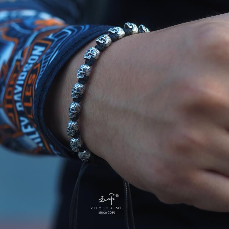 主师原创暗黑设计纯手工制作雕花骷髅头S925纯银骷髅头编织手链