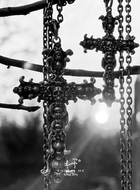 主师原创暗黑系纯银朋克风十字架骷髅骨架纯手工s925项链吊坠