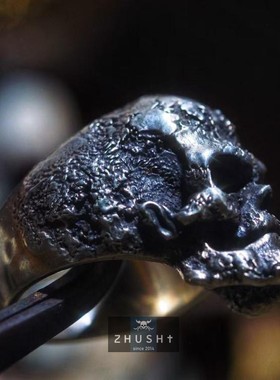 主师原创设计六字真言款尼泊尔永恒僧纯银手工制作暗黑系骷髅戒指