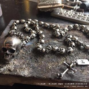 主师原创纯手工焊接打造925纯银暗黑骷髅 珠链项链吊坠 包邮