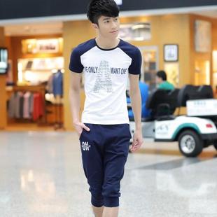 男士短袖短裤套装七分裤7分裤套装棉夏季休闲