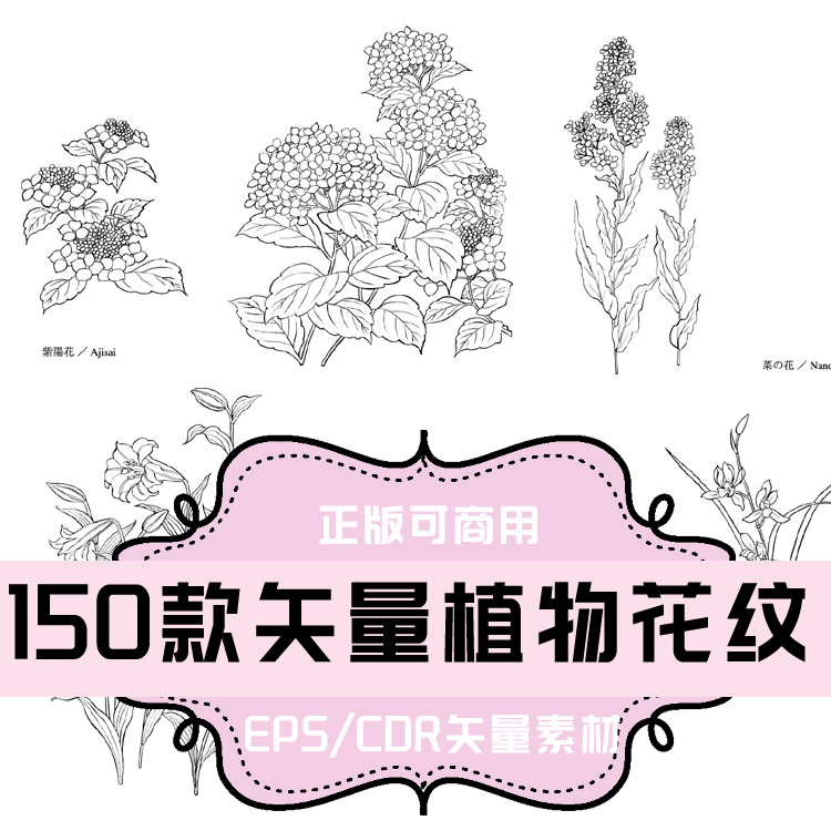 e001-150款白描植物花纹 矢量线稿 平面设计 矢量素材
