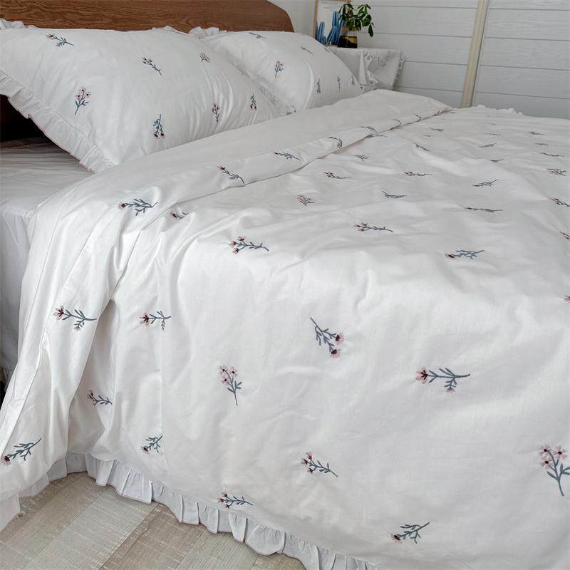超美！刺绣小碎花田园法式花边白色出口外贸纯全棉双人四件套1.8