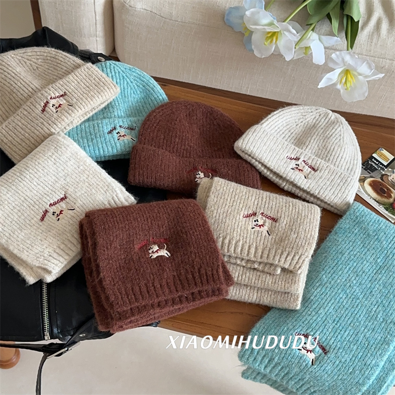 可爱刺绣小狗儿童毛线帽子围巾