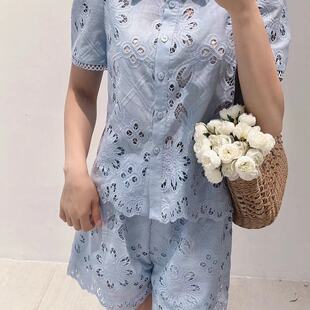 韩版ulzzang夏季新款法式气质时尚翻领单排扣镂空衬衫+短裤套装女