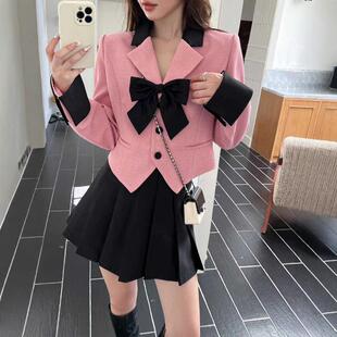 韩版ulzzang秋季新款法式气质时尚西装领蝴蝶结外套+百褶半身裙女
