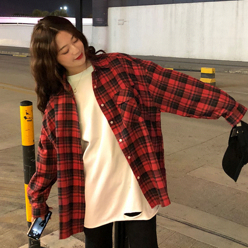 格子衬衫女宽松韩范2019春季新款韩版学生单排扣防晒衫衬衣外套|msdalam kategori Butik wanita / wanita, shirt - dari Buy2taobao.com untuk memberikan perkhidmatan ejen Taobao profesional membeli